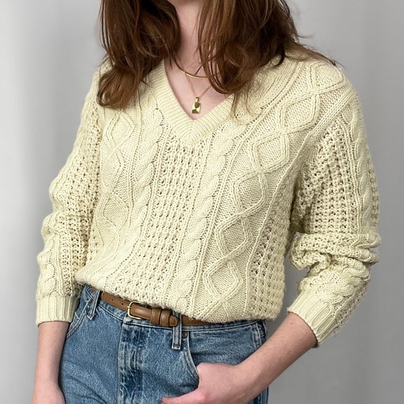 Vintage Cable Knit Oversized Fishermans Grandpa V-Neck Ribbed Preppy Sweater Top - Picture 1 of 8